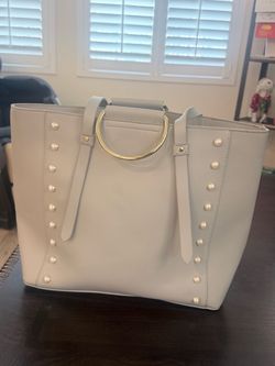 Gray  Leather Tote Bag with Pearl Studs