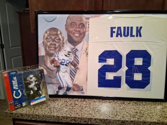 MARSHALL FAULK INDIANAPOLIS COLTS,FRAMED JERSEY WITH ACTION FIGURE.