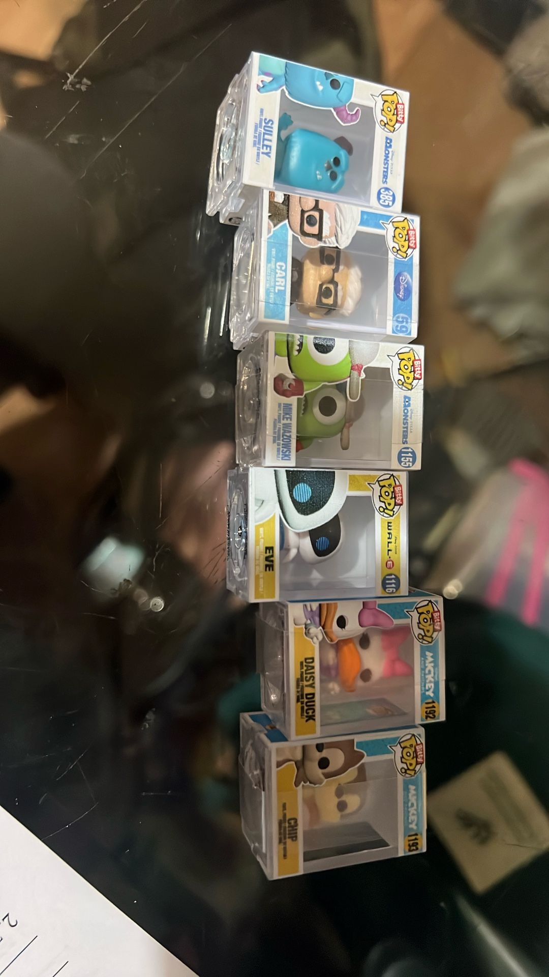 Bitty Funko Pop Carl, Sulley,,Mike , Eve , Daisy &Chip