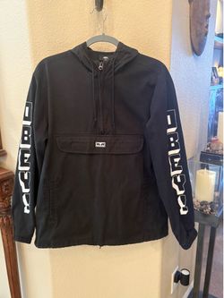 Obey Black Hoodie Streetwear Anorak Jacket with White Sleeve Logo Size Medium