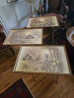 Beautiful Vintage Set Of 3 Andres Orpinas Folding TV Or Cocktail Tray Tables! Barn Farm Scene !Great Condition