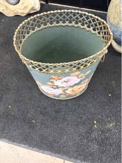 Vintage Hand-Painted Floral Metal Wastebasket