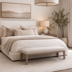 Queen White Linen Tufted Bed + memory Foam Mattress