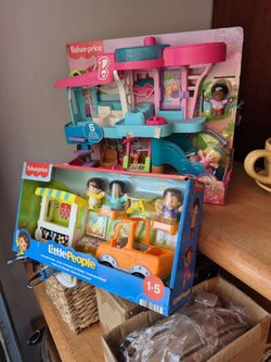 Fisher, price little people. I have barbies. Beach house, new, and I also have the little people. Lemonade stand new, both at twenty five.Dollars each