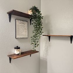 Solid Wood Floating Shelves w/ Metal Brackets – Set of 6