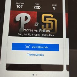 2 PADRES/ PHILLIES TICKETS, SUNDAY, JULY 13, SEC 107, ROW 22D