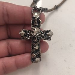TJ Silversmith Skull Cross Designer Piece With Handmade Leather Necklace With Silver Accents Around The Rope Chain 
