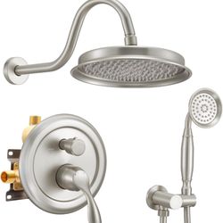 DASAN Brushed Nickel Rain Shower System Complete Antique Shower Faucet Sets, Shower Fixtures Combo Set with Pressure Balance Valve, Trim Kit, 9’’ Rain