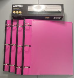 4pc Pink Binder + Hole Puncher For School Or Office.