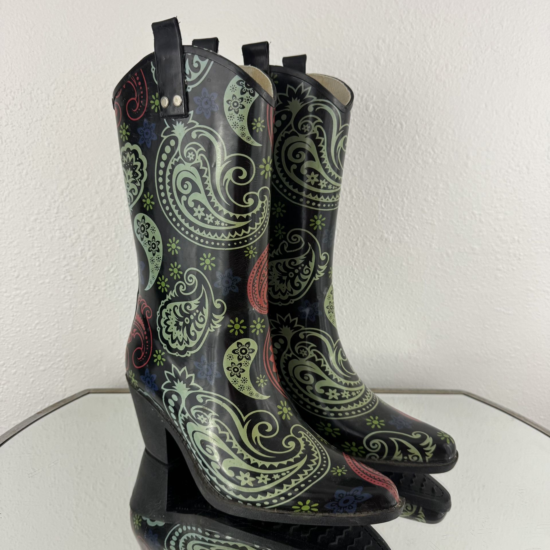 JUST 4 KICKS Multi Floral Paisley Western Pointed Toe Heeled Rubber Cowboy Boots