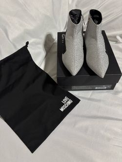 Love  Moschino Silver Glitter Pointed Ankle Booties With Side Zip Detail Size 37
