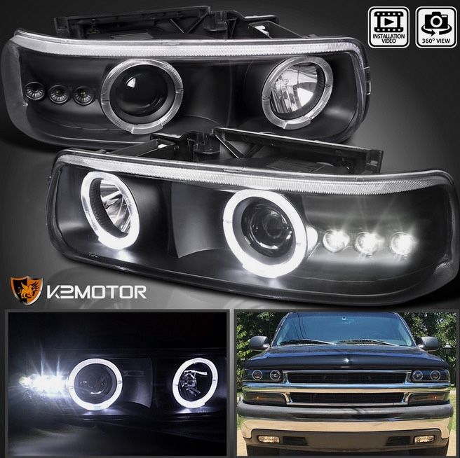 Black Fits 1(contact info removed) Chevy Silverado Tahoe LED Halo Projector Headlights Lamps