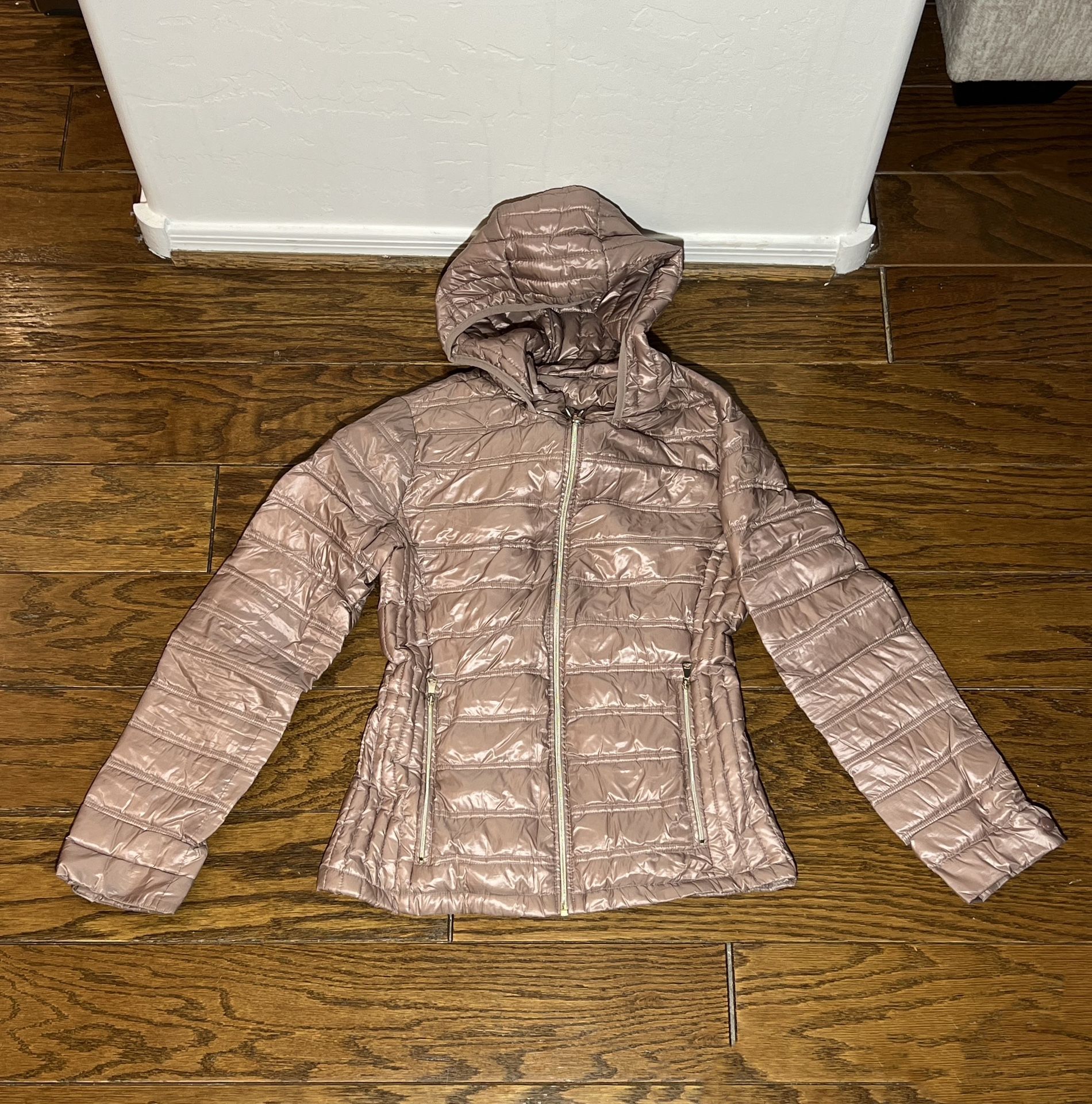Calvin Klein Rose Gold Puffer Jacket with Matching Storage Bag - XS