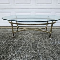 Vintage Mid-Century Brass and Glass Oval Coffee Table 