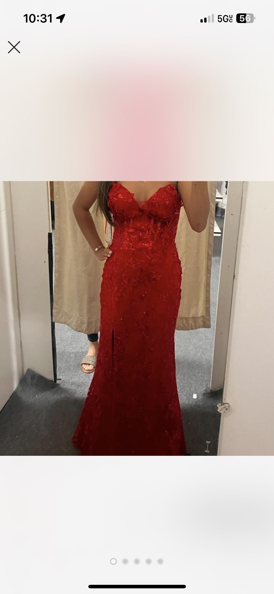 Red sequin corset dress with butterflies and slit