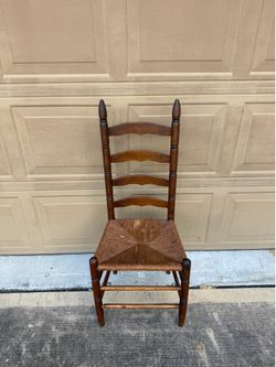 Antique Ladder Back Chair with Rush Seat & Acorn Finials – Rustic Farmhouse Accent
