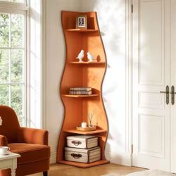 70 in. Tall Orange Wood 5-Shelf Corner Bookcase with Ample Storage and Space-Saving Design for Living room, Office