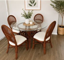 Rattan Glass Dining Set – 42” Round Table + 4 Chairs – Boho/Coastal Style