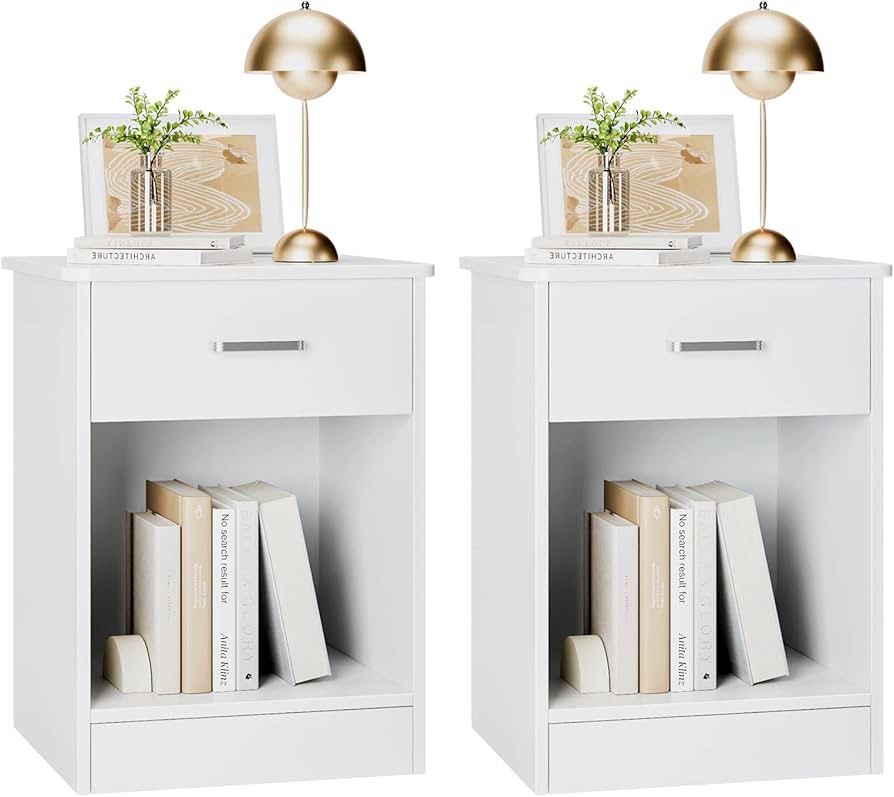 Nightstand, Set of 2, 2-Tier Side Table with Drawer and Storage Shelf, Bedside Table End Table, Modern Night Stand for Bedroom, Home Office,White