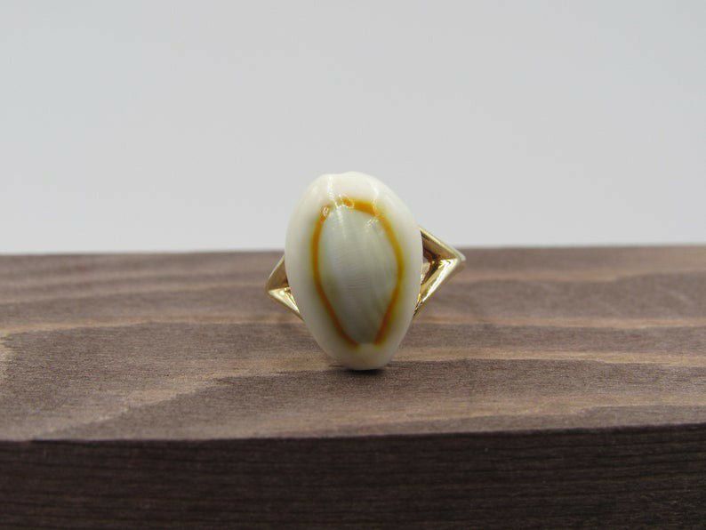 Size 5.5 10K Yellow Gold Unique Cowry Shell Band Ring Vintage Estate Wedding Engagement Anniversary Gift Idea Beautiful Elegant Beach Ocean