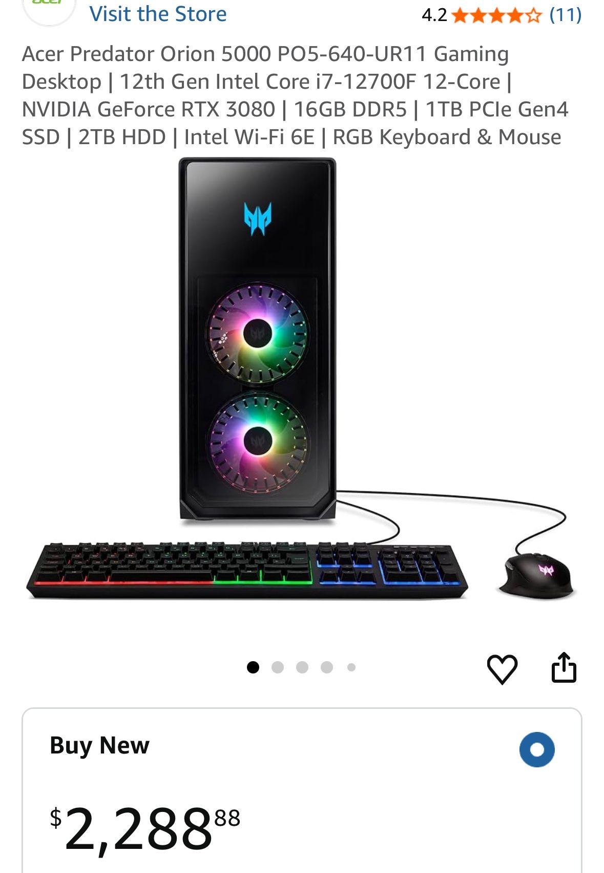 RTX 3080 Intel Core i7-12700F Predator Desktop PC - Far below market price, flexible