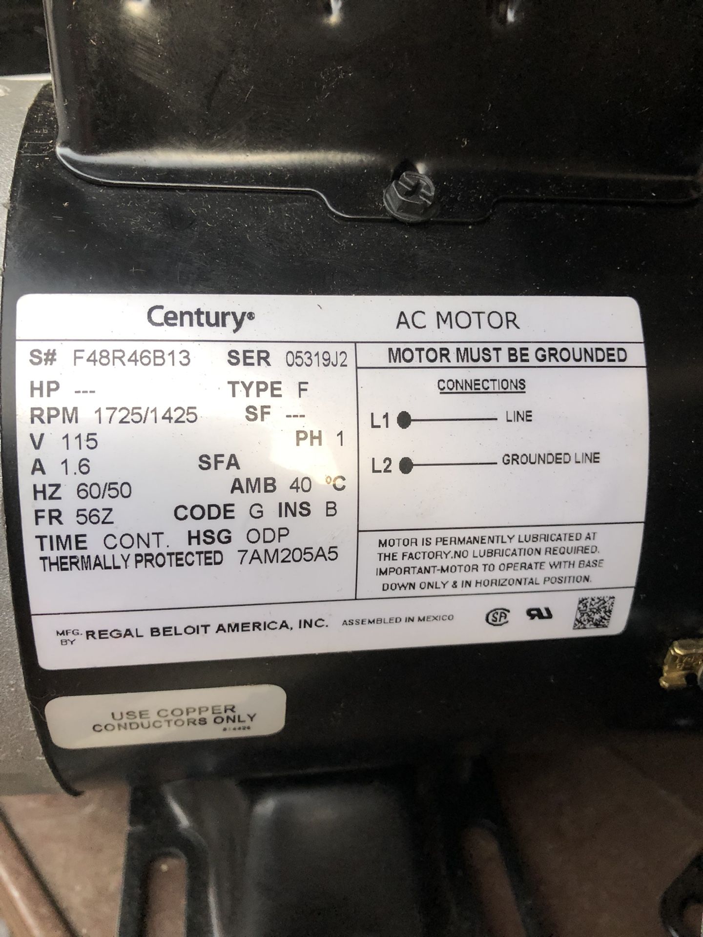 Brand New Century AC Motor S#F48R46B13 SER 05319J2 Type F RPM 1725/1425, 115 V , 1.6A, Hz 60/50AMB40degree C FR 56z Time Contiuos HSG ODP