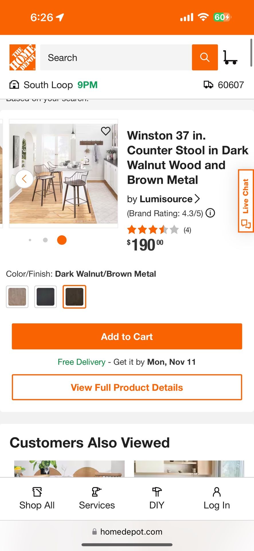 (4) Counter Stool in Dark Walnut Wood and Brown Metal