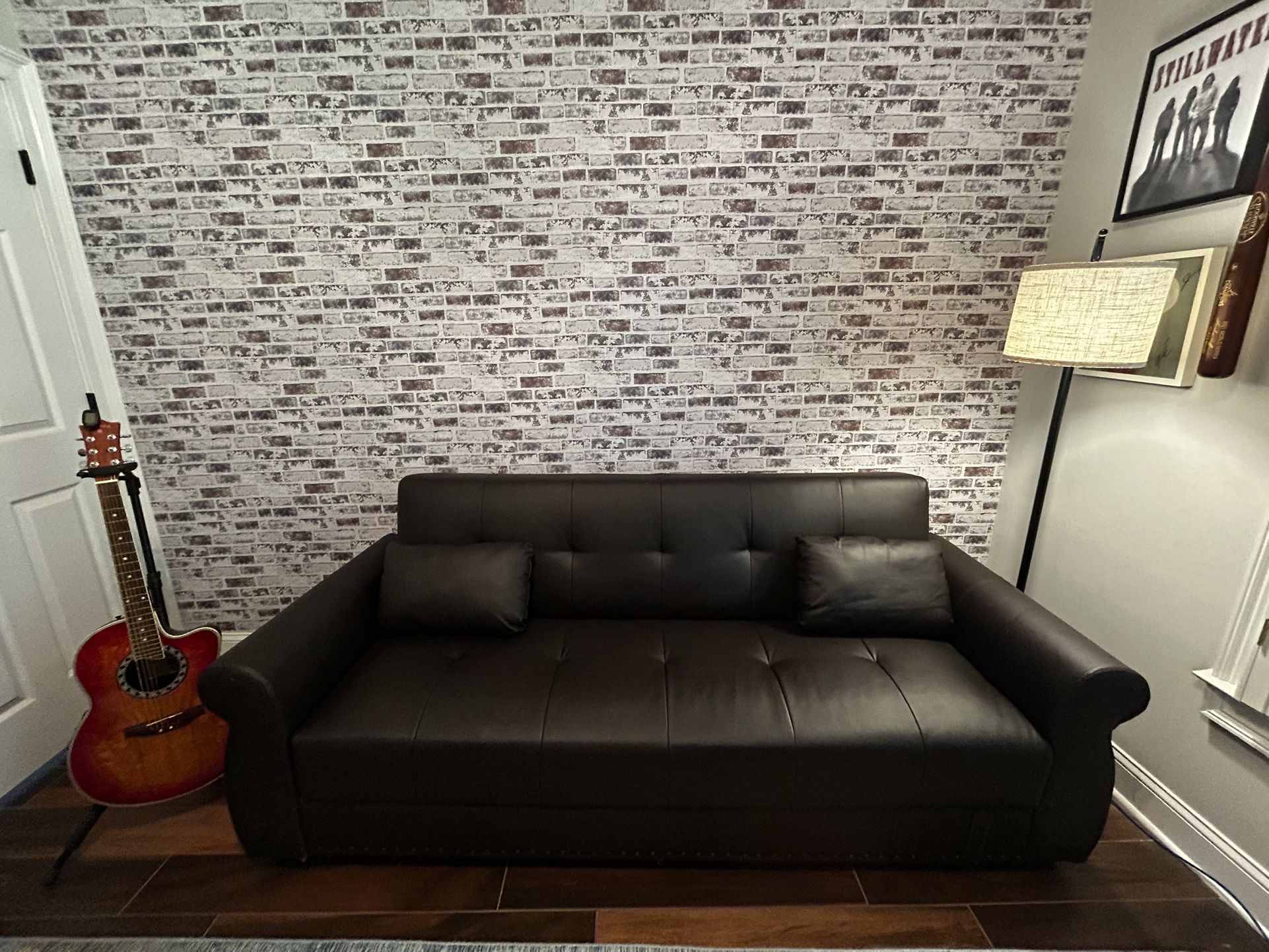 Brown Vegan Leather Futon Sofa With Storage