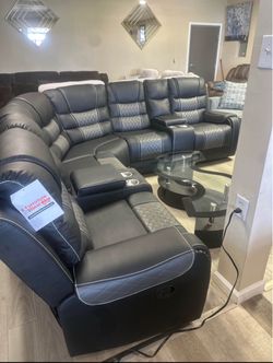 Black Leather Reclining Sectional Sofa with Console- buy now pay later