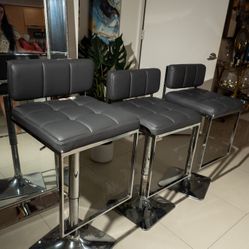 Set of 3 Modern Adjustable Bar Stools – Gray Leather & Chrome