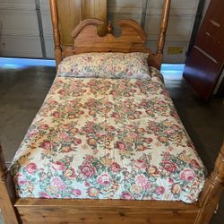 Full Sized Wooden Bed With Mattress And Box Spring