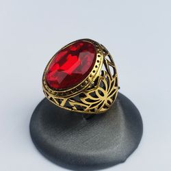 Size 9 Antique Gold Plated Ring Stone Vintage Jewelry For Men and Women Ring Red