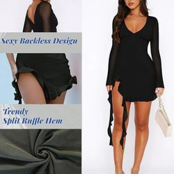 Women's Sexy Long Sleeve Ruffle Slit Mini Mesh Dress Summer V Neck Backless Bodycon Short Party Cocktail Dress