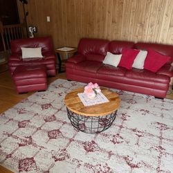 Macy's Genuine Leather Sofa + Loveseat + Chair Set w/ Tables & Rug – Full Living Room