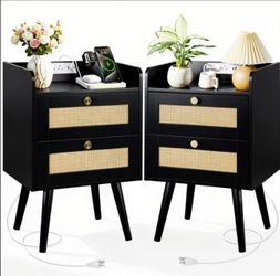 2 Nightstands with Charging Station, Boho Rattan Bedside Tables with Drawer & Shelf Black