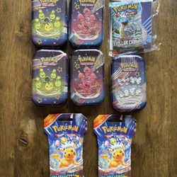Pokemon TCG: Scarlet & Violet Lot (5) Paldean Fates Mini Tins (1) Stellar Crown MINI ALBUM PORTFOLIO w/ Booster Pack (2) Surging Sparks Blister Booste
