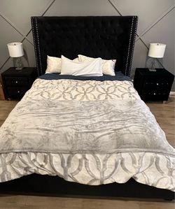 Cali king Black Velvet Tufted Wingback Bed Frame with matching nightstands and free dresser