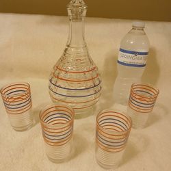 Vintage 1950s Hazel Atlas Decanter And Glasses Bar Set. No Chips Or Cracks