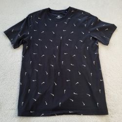 Men's Nike Logo Full Print Round Neck Pullover Short Sleeve Black T-Shirt Size M