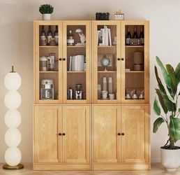 71" TV Stand Storage Set - 2 Tall Bookcases, Media Console with Glass & Wood Doo