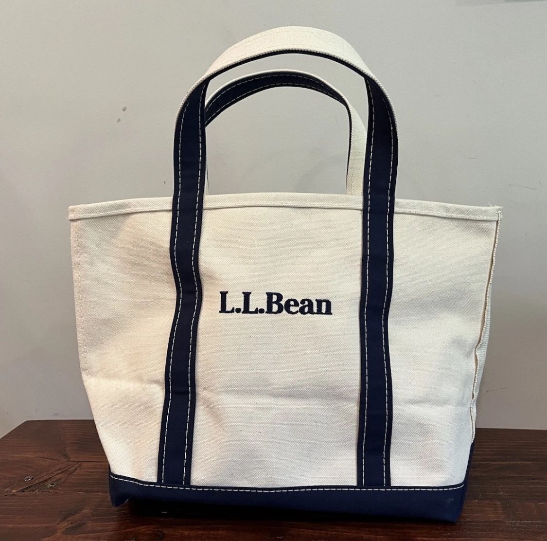 LL Bean Boat Tote Bag Canvas Navy Trim Short Handle Vintage USA Made Embroidered