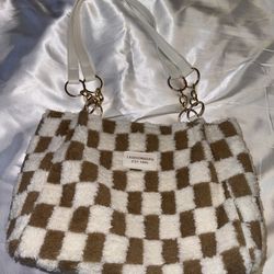 Checkered Pattern Fuzzy Tote Bag