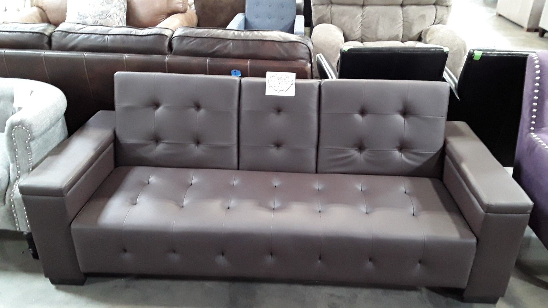 NEW Poundex / "Expresso" (Faux Leather) Convertible/Futon Sofa (w/ Center Media Console & Armrest Storage)