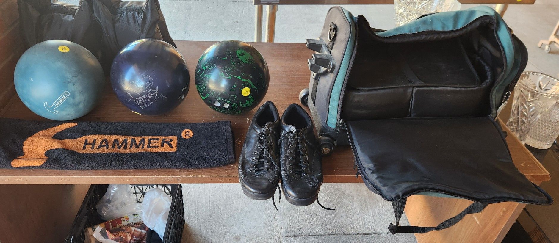Bowling Balls, Roller Bag, Shoes, & Towel.