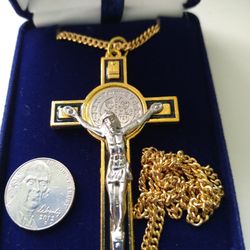 2 Tone St Benedict Crucifix And Chain Necklace
