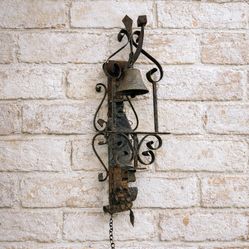 Rare Vintage Wrought Iron Figural Blacksmith Wall Bell Pull Chain Rustic Patina