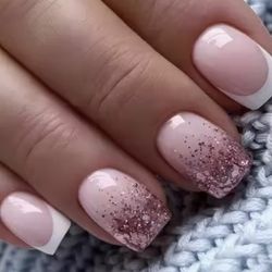 Brand New 24pcs Cute Pink Glitter Press On Nails