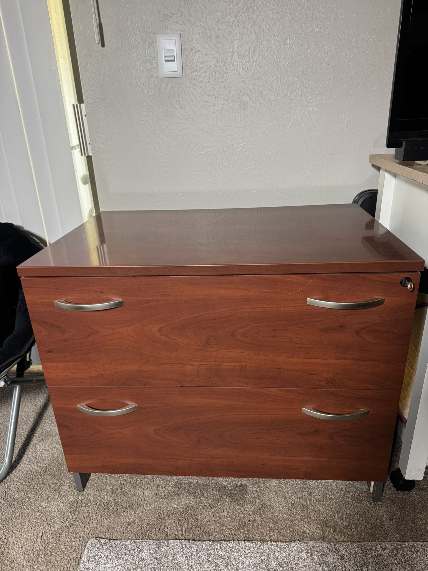 Modern 2-Drawer Cherry Wood Dresser with Lock & Key – Like New!