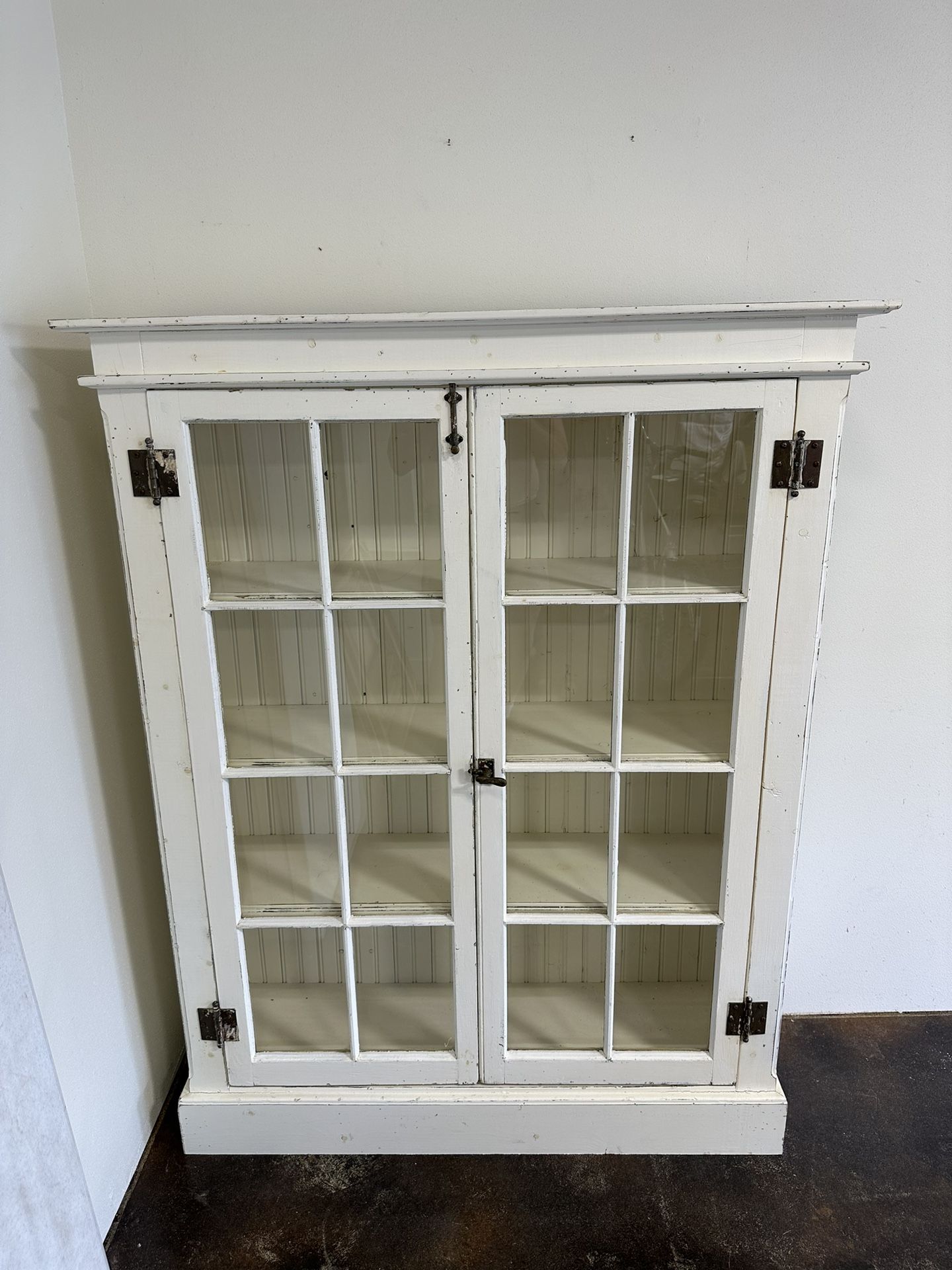 Vintage French Country Distress Painted Wall Curio Display Cabinet 66" H x 51" W