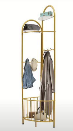 Gold Corner Coat Rack with Storage Basket — New in Box